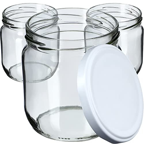 KADAX Lot de 48 pots à confiture de 425 ml, bocaux de conservation avec couvercles hermétiques pour confiture maison, gelée et miel, pots en verre pour conserver les herbes (couvercles blancs)