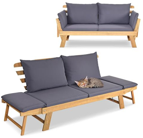 GIANTEX Liegesofa mit klappbaren Seitenlehnen, Gartenbank Sitzbank mit Auflagen, Sonnenliege Gartenliege aus Akazienholz, Multifunktionsbank Balkonbank Parkbank Gartenmöbel 198 x 75 x 75 cm