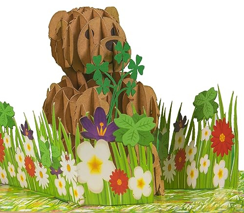 LINPOPUP® Pop-Up Karte Bär - Blume - Schmetterling - Karte, 3D-Karte zur Einschulung, Glückwunschkarte zum Geburtstag, viel Glück, Pop - Up Karte Blumen, Bär auf der Blumenwiese, N10