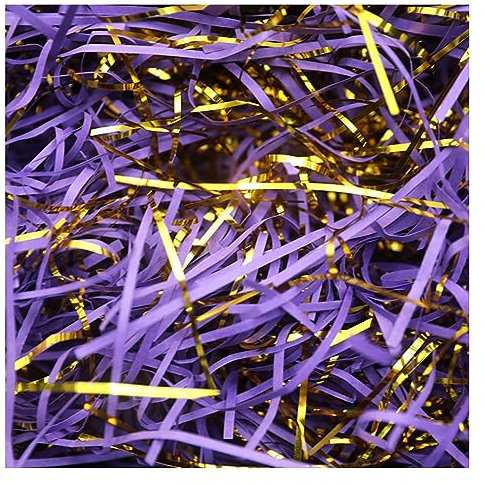 Yurosiay 500g Raffia Geschreddertes Papier Zweifarbiger Raffia Hamper Shreds Mit Goldfaden Geschenkfüllung Papierschnitzel Geschreddertes Papier Füllmaterial für Geschenkbox Dekoration Lila