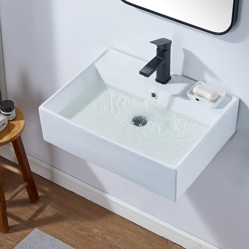 VESLA HOME 58,4 x 45,7 cm Wandmontage, rechteckiges Badezimmer-Waschbecken, weißes Porzellan-Keramik-Wandaufhängung, schwimmendes Waschbecken mit einzelnem Wasserhahnloch und Überlauf