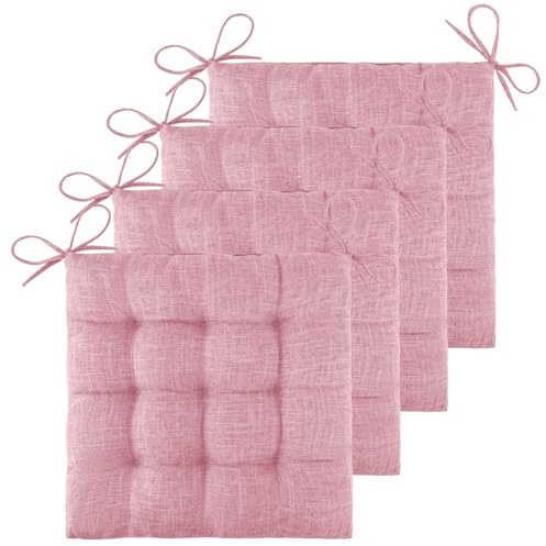 ELFJOY 4 Pack Chair Cushions for Dining Chairs Chair Pads Cushion for Kitchen Office Tufted Textured Square Seat Cushion with Ties (16 Light Pink)