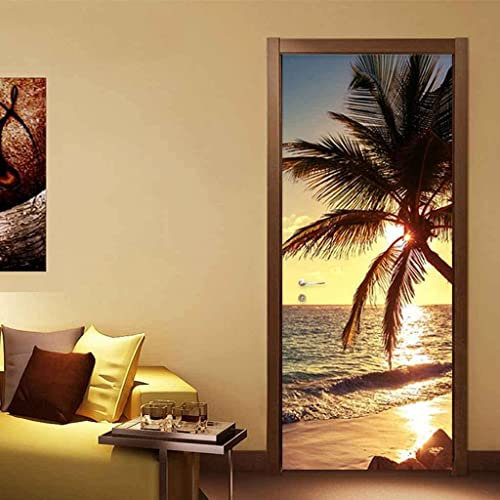 3D Türtapete Selbstklebend Kokospalme Sonnenuntergang Strandlandschaft 95 X 210 Cm Diy Wandbild Pvc Wasserdicht Pvc Türtattoos Türposter Türaufkleber Fototapete Türfolie Für Tür,Wohnzimmer,Schlafzimm
