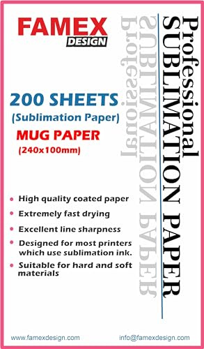 Sublimation Paper for PRE Cut Mug Size 100mm X 240mm - Compatible with Epson, Sawgrass, Ricoh, Brother Sublimation Printers (200)