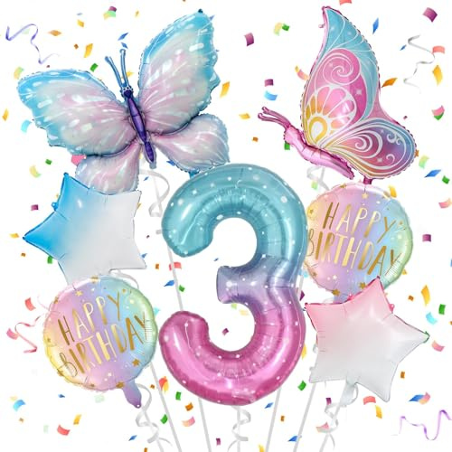 3 Jahre Schmetterling Deko Geburtstag, 3. Mädchen Geburtstag | Schmetterling Folienballon, Bunt Schmetterlinge Geburtstagsdeko, Geburtstagsdeko Rosa, Luftballon 3. Geburtstag Mädchen