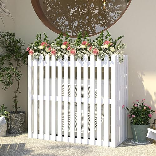 Copertura per condizionatore d'aria per unità esterna, struttura per rack con supporto per fiori in legno, tende a guscio per condizionatore d'aria per giardino/terrazza,Bianca,85X40X80cm