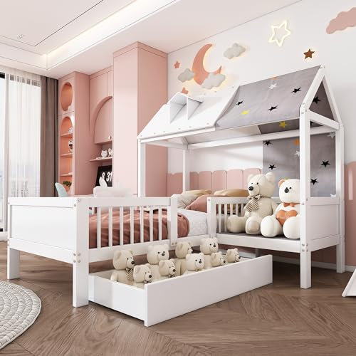 MQLAE Kinderbett Hausbett mit Rausfallschutz, Einzelbett 90x200 cm, Babybett aus Massivholz mit Zeltstoff und Schubladen, Multifunktional Holzbett, Kinder Bett mit Lattenrost, ohne Matratze, Weiß