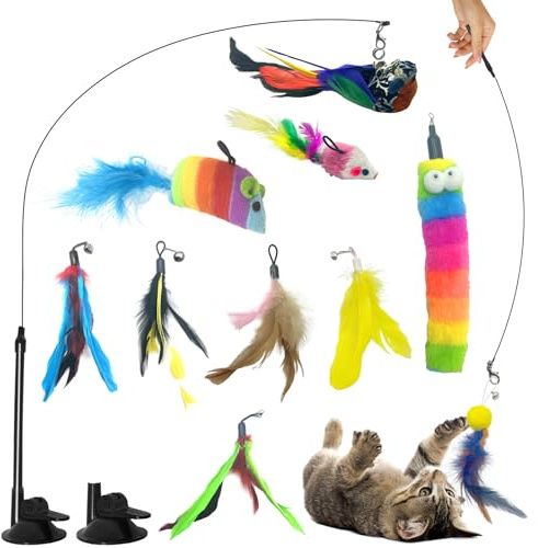 Interaktiv Kattleksak, 14 St Kattängel med Fjädrar, Kattleksak Självsysselsatt, Set med Kattfjäderteaser, 2 Kattspö med Sugkopp, Fjädrar och Klockor, Kattleksaksset för Kattungar och Katter