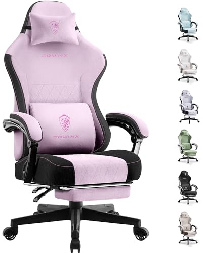 Dowinx Gaming stoltyg med vårkudde, massage ländryggsstöd kontorsstol med fotstöd för vuxna, ergonomisk gamingfåtölj stor och hög för Office Gaming 135 kg, rosa