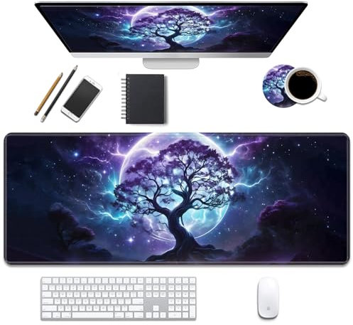 Schreibtischunterlage, Gaming-Mauspads mit Untersetzern, genähte Kanten, XL-Mauspad für Laptop, Computer, Baum des Lebens unter dem Mond, Schreibtischunterlage für Büro und Zuhause, 80 x 30 cm