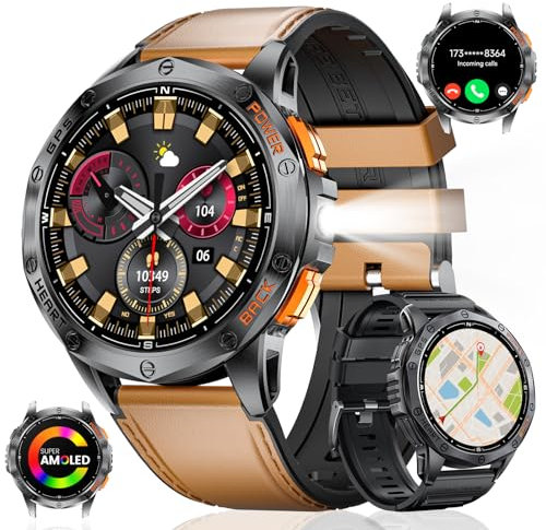 GPS Men Smart Watch with Compass LED Flashlight 1.43″AMOLED Smartwatch for Men Bluetooth Call for Android iOS 530 mAh Big Battery Male Smart Watch,Heart Rate Health Monitor,2 Watch Strap,Brown