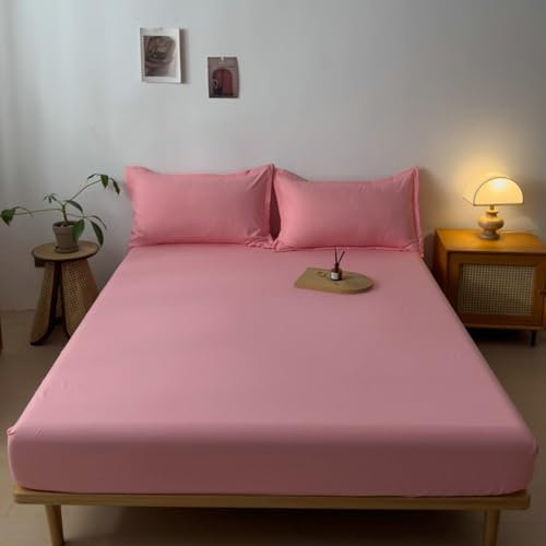 AMDXD Cache-lit 140 x 190 cm - Protection de lit - Volant uni rose (convient pour une hauteur de matelas 11-26 cm) - Confort de sommeil - En coton pour lit à sommier tapissier et lit à eau
