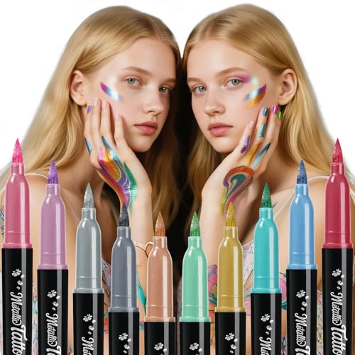 ThEast Metallic Tattoo Stifte, Bodypainting Farben, Hautmalstifte Ungiftig | 10 Stück Glitzer Temporäre Tattoostifte für die Haut Waschbare, Theaterschminke Halloween Makeup