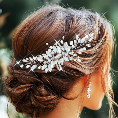 Atigy Kristall Hochzeit Haarkamm Opal Braut Haarteile Strass Haarschmuck für Damen (Silber)