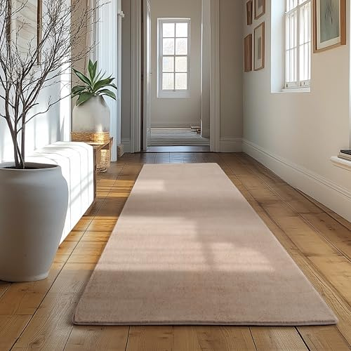 SIMPEX Läufer Teppich Beige 80x250 cm Waschbarer Kurzflor Teppich, rutschfest & weich, modernes einfarbiges Design für Schlafzimmer, Küche & Flur