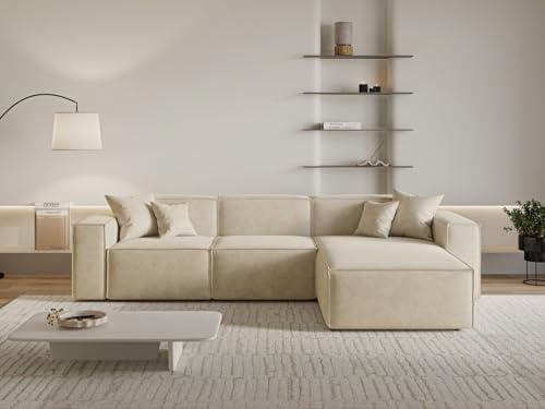 GRAINGOLD Arizona Ecksofa 265x180 cm, L-Form Sofa, Ecksofa für Wohnzimmer, Velour, 3-Sitzer Eckcouch, Modernes Design (Beige, Rechts)