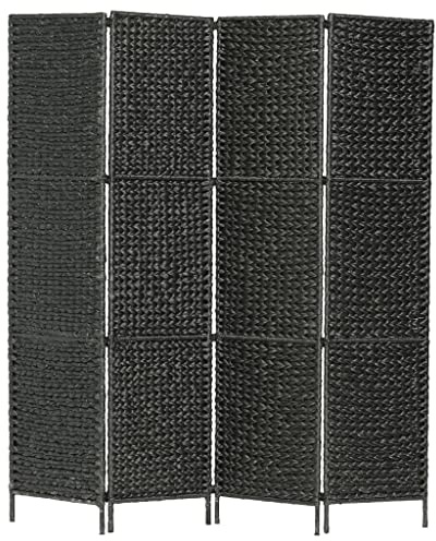 4-Panel Woven Room Divider, 60.6x63 Black Water Hyacinth Privacy Screen, Folding Partition for Room Separation