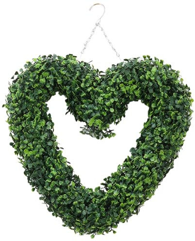 Boxwood Wreath, 16.5 Inch Heart-Shape Artificial Green Wreaths for Front Door, Hanging Summer Door Wreath, Front Wreaths for Summer, Party, Home, Wall, Wedding