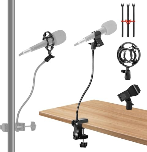 Support de microphone, pied de micro flexible en col de cygne avec pince de bureau, bras de micro réglable à 360° avec attaches de câble et filetage de 1,9 cm et 1,5 cm pour baladodiffusion, jeu