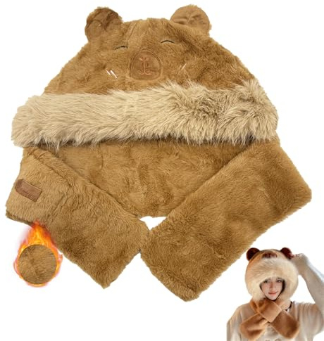 FOSDICK Capybara Echarpe Capuche Femme, Peluche Capybara Echarpe Cagoule Femme, Hiver Epais Chaud Bonnet Écharpe 2 en 1, Mignon Capuche Echarpes en un Seul Hiver Accessoire Cadeau Femmes Filles