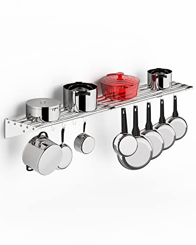 GarveeMore Kitchen Shelves Wall Mounted, Kitchen Wall Mount Pot Pan Rack Stainless Steel Wall Hanging Shelf Heavy Duty 95Kg, Metal Cookware Organiser with 10 Hooks,150x32x14cm