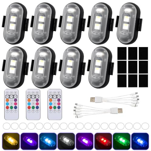 Kabellose Led Lichter, WDKXCN 9 Stück Fernbedienung Blitzlicht, 8 Farben Strobe Drone Light, Led Blitzlicht mit 3 Fernbedienung, Led Lichter Kabellos für Unterbodenbeleuchtung Scooter Drohne Motorrad
