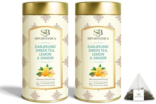 SIPS BOTANICA Darjeeling Green Tea with Lemon, Ginger and Honey | 60 Teabags Packed in 2 Tins | Premium Quality Full Leaf Green Tea | Plant-Based, Compostable & Biodegradable Pyramid Tea Bags