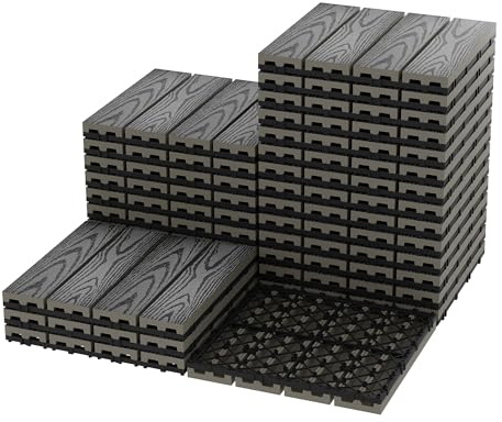 Garvee Dalles de terrasse clipsables en composite imitation bois Étanches et antidérapantes Idéal étenduérieur/intérieur Installation facile DIY Pour balcon, jardin, piscine, patio Gris 27PCS