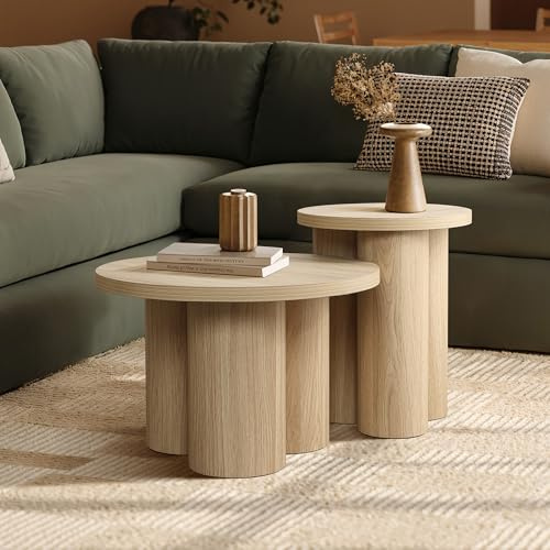 Hometopia Runder Couchtisch Holz 2er Set, Wohnzimmertisch & Beistelltisch Modern, Sofa Tisch Klein, Couch Tisch Rund, Ø60×40 cm & Ø40×50 cm