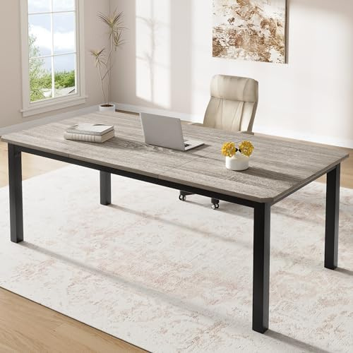Crevyteg Long Solid Wood Dining Table for 6 to 8 People, Industrial Modern Kitchen Table with Heavy-Duty Metal Legs, Easy Assembly Large Dining Room Table for Family Gatherings