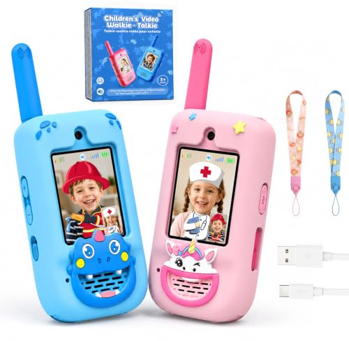 KOKODI Rechargeable Long Range Video Walkie Talkies for Kids 3-9 Years Old | 2 Screen, secure 1-on-1, voice changer & fun stickers, indoor outdoor toy, birthday christmas gift for boys girls