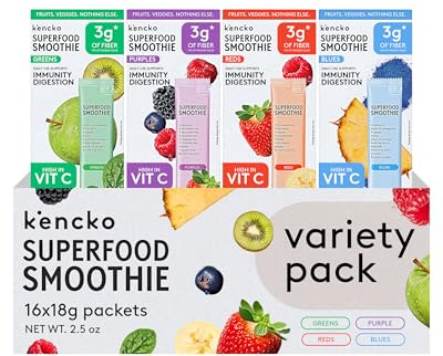 Kencko kit smoothie instantané en poudre | mélange superfood fruits & légumes lyophilisés | boisson vegan, sans produits laitiers, sans sucre ajouté | 16 sachets, 4 saveurs