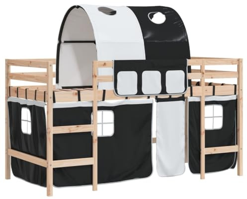 Foknhdi Kinderhochbett mit Tunnel Weiß Schwarz 90x190 cm Kiefernholz massiv Spielbett mit Vorhängen einzelbett Raumsparloft für Kinderzimmer ab 6 Jahren