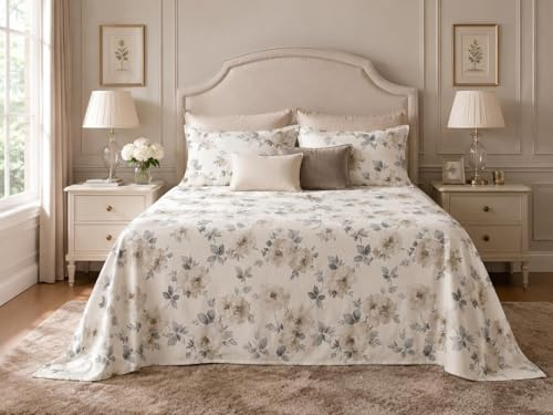 TexLom Copriletto Matrimoniale Laura Blasi in Policotone, Stampa con Peonie e Fiori - Coperta Estiva Leggera e Traspirante (Grigio)