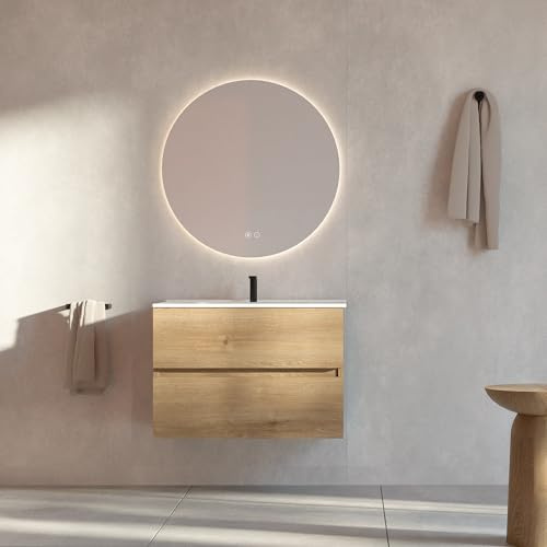 Feel Your Bath Mueble de Baño Lion 80 cm Marrón Madera con Encimera Blanca Brillo, con Espejo Redondo LED Antivaho, Lavabo Incluido, 2 Cajones Soft Close, Diseño Suspendido, Buen almacenaje práctico