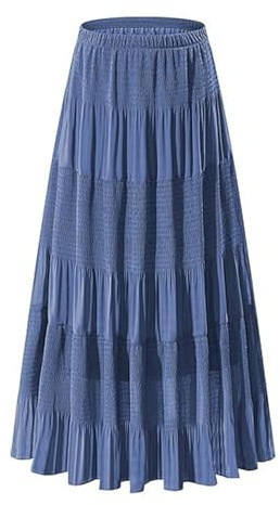 Elastisk Hög Midja Plisserad Midikjol I Chiffong for Kvinnor Casual A-linje Flowy Partykjol(Dark Blue,M)