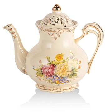 YOLIFE Flower Teapot, 800ml 4 Cup Ceramic Teapot, Vintage Ivory Floral with Gold Leaves Edge, Gift for Women