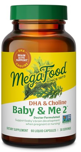 MegaFood Baby & Me 2 Prenatal Vitamins for Women, DHA & Choline Supplements, Liquid DHA and Choline for Baby's Brain and Eye Development During Pregnancy, Vegan, 60 Capsules (30 Servings)