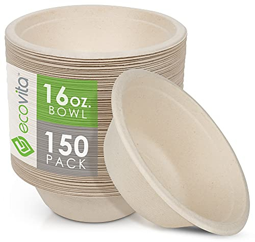 Ecovita 100% Compostable Paper Bowls [16 oz.] – 150 Disposable Bowls Eco Friendly Sturdy Tree Free Liquid and Heat Resistant Alternative to Plastic or Paper Bowls