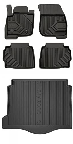 MOTOS Satz Gummifußmatten und Kofferraummatten passend für Ford Mondeo V 2014-2022 Kombi, 24,5 cm zwischen den Mattensteckern, Hybrid (HEV), Kofferraumablage, mit Aussparung auf der linken Seite Verbe