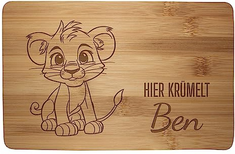 wandmotiv24 Personalisiertes Frühstücksbrettchen, 22x14 cm, Hier krümelt, Löwe, Name, Holz, Schneidebrett, Geschenke M0862