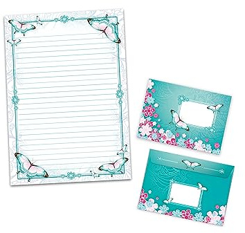Briefpapier-Set Schreibblock liniert zum Ausmalen mit Umschlag für Mädchen Kinder Schule Schmetterlinge Blumen (1 Block A4 mit 25 Blättern + 15 passend bedruckte Briefumschläge)