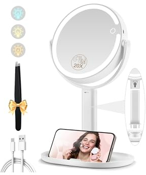 MOMOKUBA Magnifying Mirror with Light 20x, Makeup Mirror with Light on Stand, Rechargeable 3 Color Lights and Adjustable Brightness, 360° Rotation Detachable Comes with Tweezer, for Bathroom