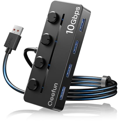 Qeefun 10Gbps USB 3.2 Hub mit 4 USB A Ports, USB3.2 Gen 2 Splitter, 4ft Extended Long Data Cable und Type-C Power Port, für HP, Mini PC, Dell XPS, Thinkpad, Surface Pro