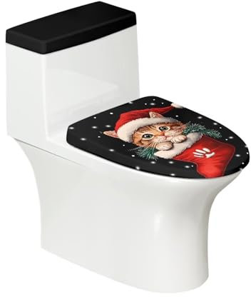 Biyejit Toilettendeckel-Set mit weihnachtlichem Katzen-Motiv, rutschfest, mit elastischem Rand, staubdicht, WC-Sitzbezug, universelle Dekoration für Zuhause, Hotel, 2 Stück