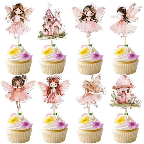 SYKYCTCY 36 Pack Glitter Flower Fairy Garden Party Cupcake Picks for Fairy Shower Baby Shower Birthday Party Cake Decorations (Color-02)