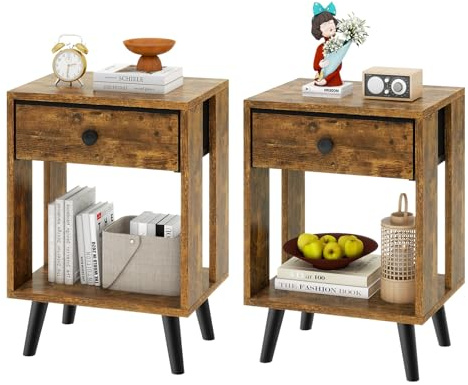 YMYNY Comodini, Set di 2, Tavolino da Notte, Tavolino Salotto, Cassetto in tessuto, Scomparto Aperto, Moderno, Struttura Semplice, per Camera da Letto, Soggiorno, Marrone Vintage HST012H-2