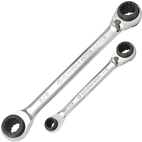 CROM 4-in-1 Reversible Ratcheting Wrench Set - 2 Piece, SAE, Double Box End Ratcheting Speed Wrench Set, 5/16”, 3/8”, 7/16”, 1/2, 9/16”, 5/8”, 11/16”, 3/4”, CR-V Steel, Mirror Polished (SAE 2 Piece)