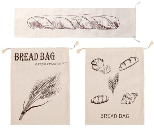 Ericetion 3pcs French Bread Bags for Homemade Bread with Double Lining, Linen Bread Bags Reusable Bread Bags Food Storage Bags Bread Storage Bags