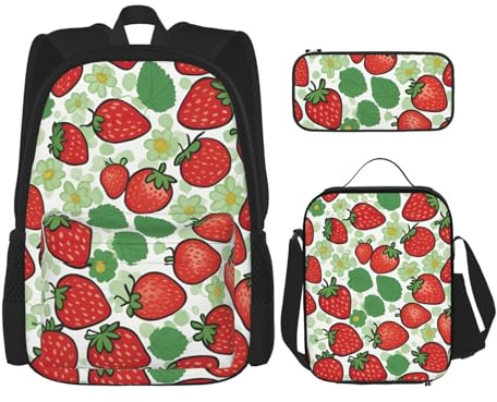 OXKGHHO Juego de mochila de trabajo con estampado de fresa con lonchera aislada, correas ajustables, para gimnasio y uso diario, Negro -, Talla única